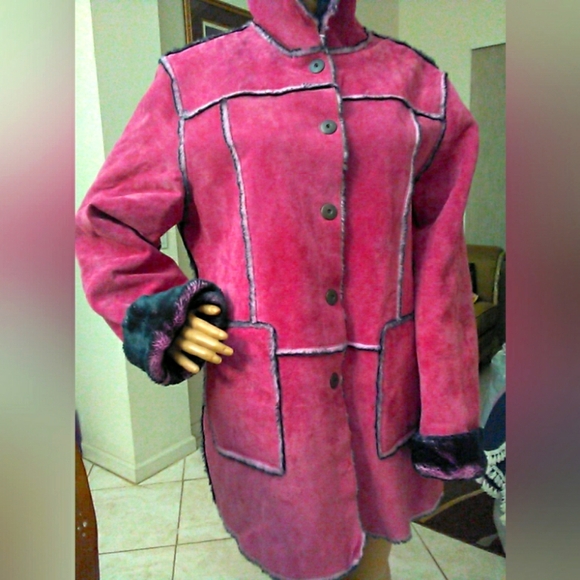 VINTAGE Newport News Pink Leather Suede Jacket W/ Faux Fur (CRAZY GORGEOUS) XL - Picture 15 of 16